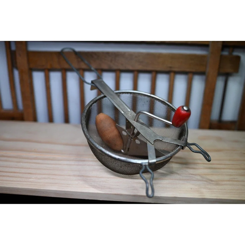 Vintage A&J Sifter Food Mill Silver Metal Red Handle Primitive Farmhouse 14